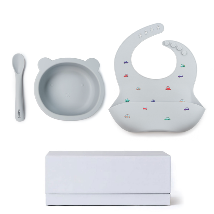 JBØRN Baby Gift Set | Silicone Bowl, Spoon and Bib Cars Powder Blue Yes - Personalisable Baby Products Sold and Personalised by JustBørn