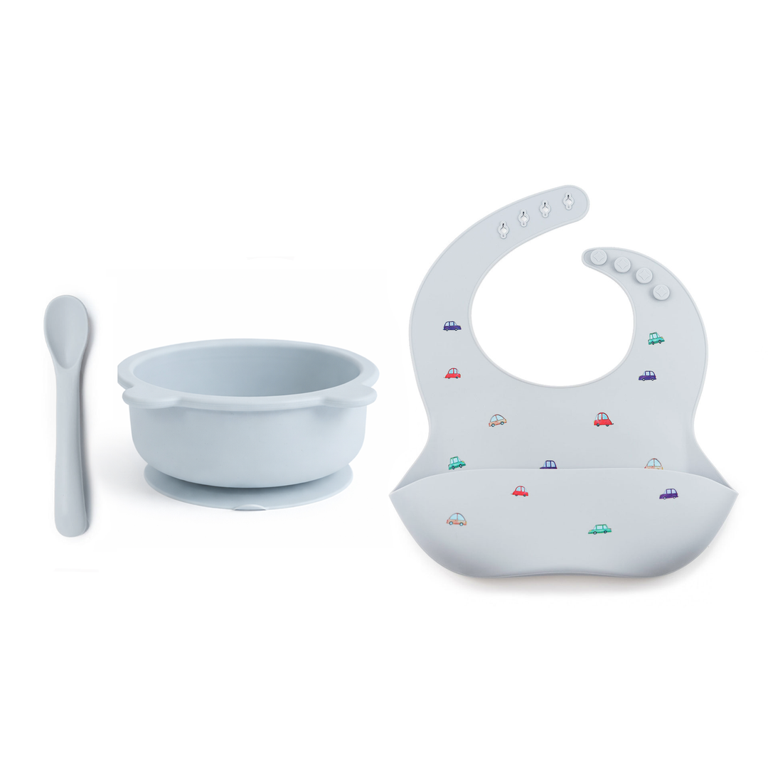 JBØRN Baby Weaning Set | Silicone Bowl, Spoon and Bib Cars Powder Blue - Personalisable Baby Products Sold and Personalised by JustBørn