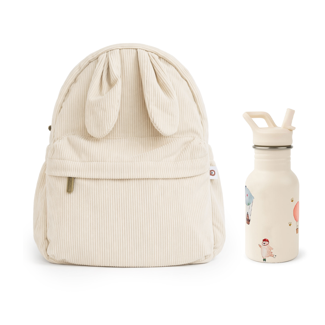 JBØRN Personalised Set | Backpack & Water Bottle Set Cream Backpack & Adventure Bear Bottle Set - Personalisable Baby Products Sold and Personalised by JustBørn