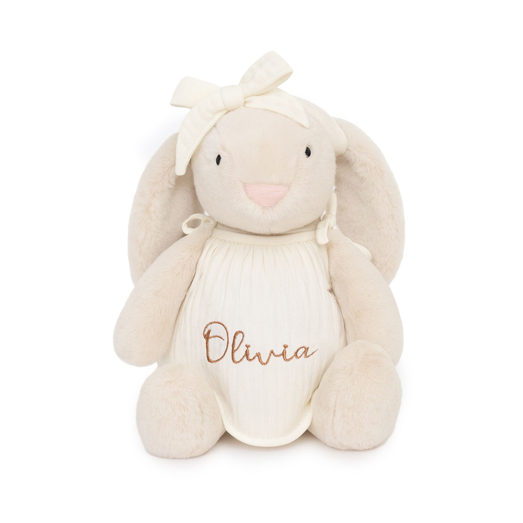 JBØRN Cream Bunny Soft Toy with Personalised Outfit Cream Cuddle Bunny in Ivory Tie Dress Yes - Personalisable Baby Products Sold and Personalised by JustBørn