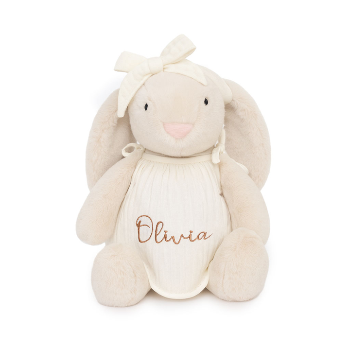 JBØRN Cream Bunny Soft Toy with Personalised Outfit Cream Cuddle Bunny in Ivory Tie Dress Yes - Personalisable Baby Products Sold and Personalised by JustBørn