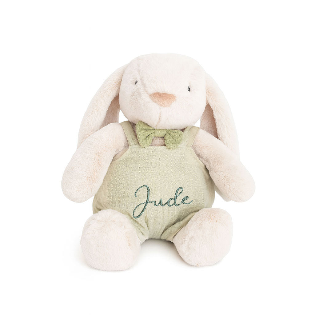 JBØRN Cream Bunny Soft Toy with Personalised Outfit Cream Cuddle Bunny in Pistachio Dungarees - Personalisable Baby Products Sold and Personalised by JustBørn