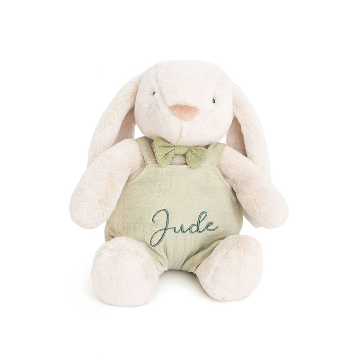 JBØRN Cream Bunny Soft Toy with Personalised Outfit Cream Cuddle Bunny in Pistachio Dungarees - Personalisable Baby Products Sold and Personalised by JustBørn
