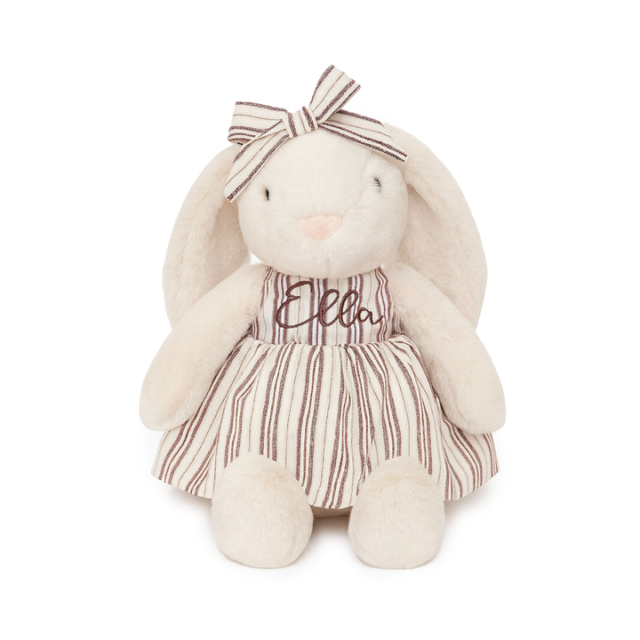 JBØRN Cream Bunny Soft Toy with Personalised Outfit Cream Cuddle Bunny in Striped Dress - Personalisable Baby Products Sold and Personalised by JustBørn