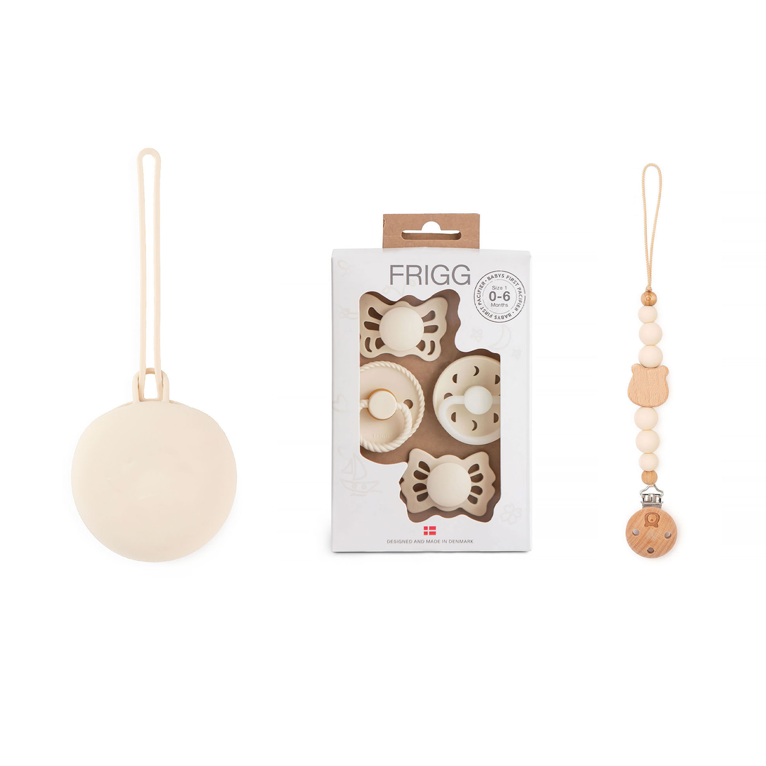 JBØRN X FRIGG Trial Collection Pacifiers & Personalised Holders Set Cream Moonlight Set - Personalisable Baby Products Sold and Personalised by JustBørn