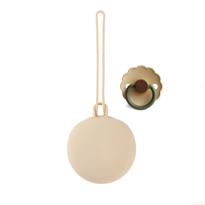 FRIGG Latex Pacifier & Matching JBØRN Holder Pod Daisy Acorn & Sandstone Pod - Personalisable Baby Products Sold and Personalised by JustBørn