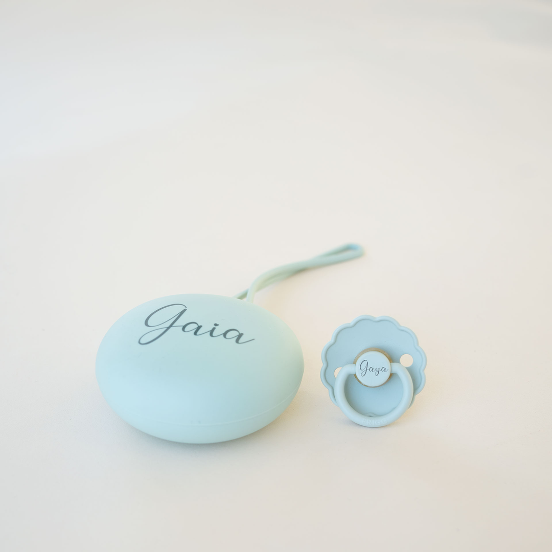 FRIGG Latex Pacifier & Matching JBØRN Holder Pod Daisy Seafoam & Pod - Personalisable Baby Products Sold and Personalised by JustBørn