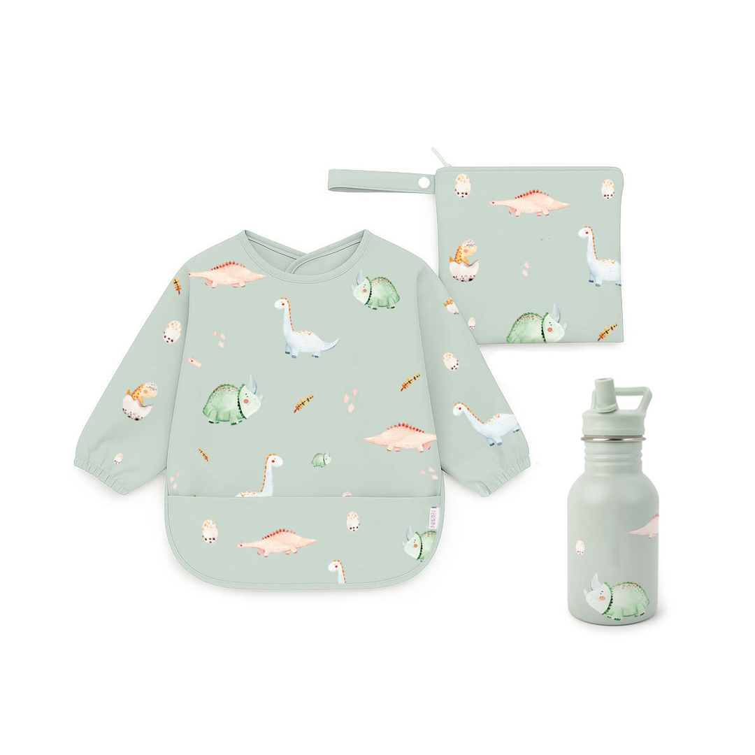 JBØRN First Birthday Gift Set | Personalised Water Bottle & Matching Sleeved Bib Dinosaurs - Personalisable Baby Products Sold and Personalised by JustBørn