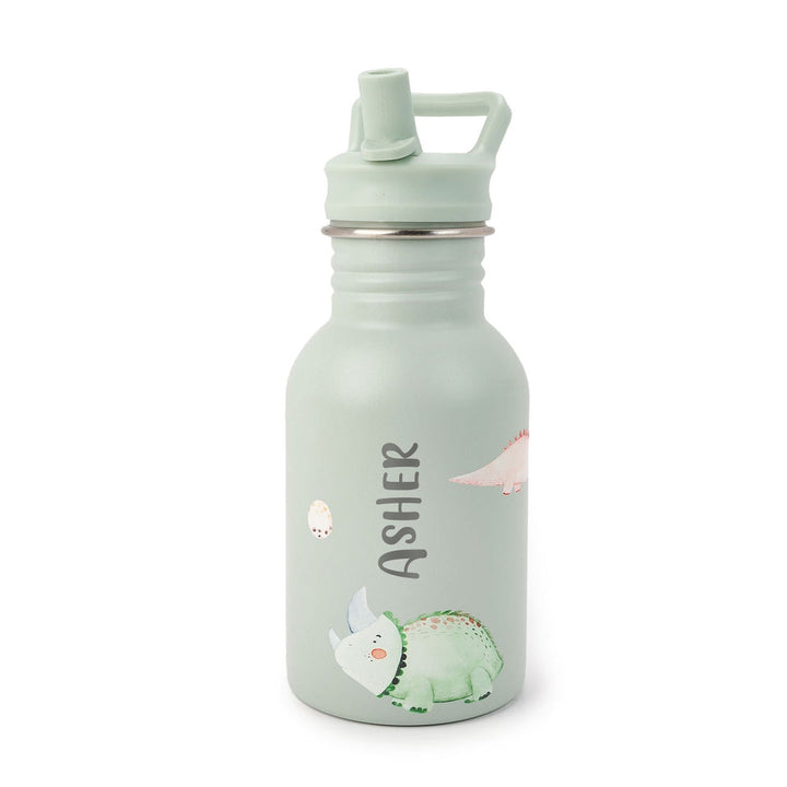 JBØRN Stainless Steel Water Bottle with Straw 350ml | Personalisable in Dinosaurs, sold by JBørn Baby Products Shop, Personalizable by JustBørn