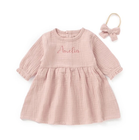 JBØRN Organic Cotton Muslin Baby Girl Dress and Bow | Personalisable - Personalisable Baby Products Sold and Personalised by JustBørn