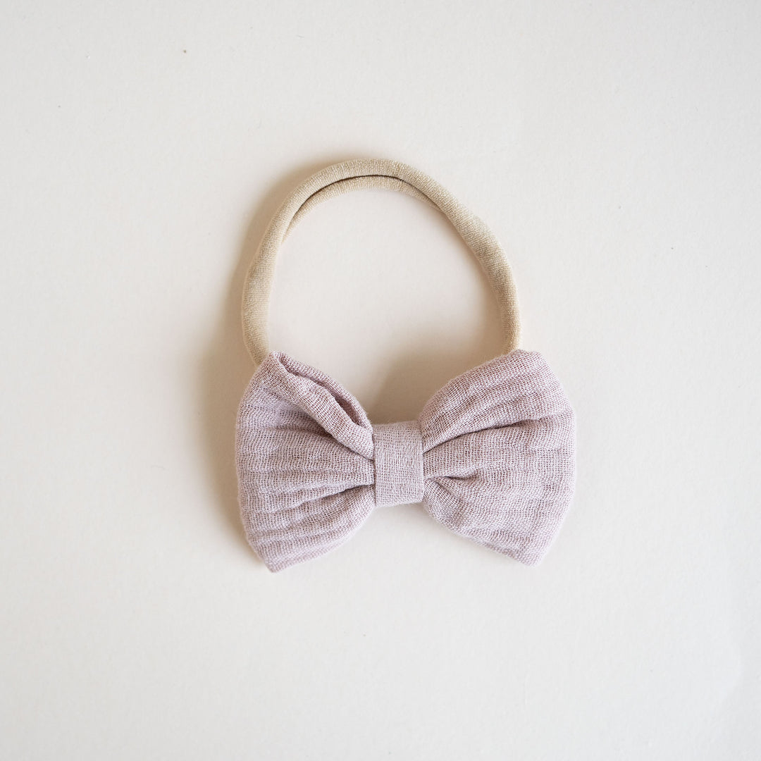 JBØRN Muslin Baby Girl Bow Headband Muslin Dusty Lilac - Personalisable Baby Products Sold and Personalised by JustBørn