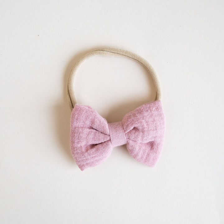 JBØRN Muslin Baby Girl Bow Headband Muslin Dusty Rose - Personalisable Baby Products Sold and Personalised by JustBørn