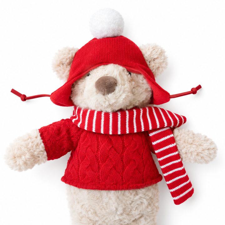 JBØRN świąteczny miś pluszowy z personalizowanym świątecznym strojem, beżowy świąteczny miś - personalizowane produkty dla niemowląt sprzedawane i personalizowane przez JustBørn