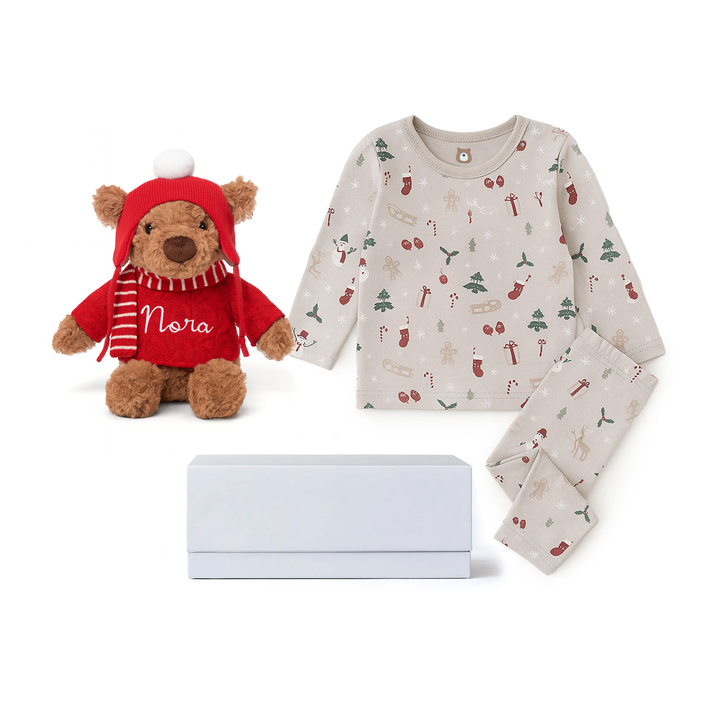 JBØRN First Christmas Gift Box | Festive Teddy & Pyjama Set | 0-3 Months - Personalisable Baby Products Sold and Personalised by JustBørn