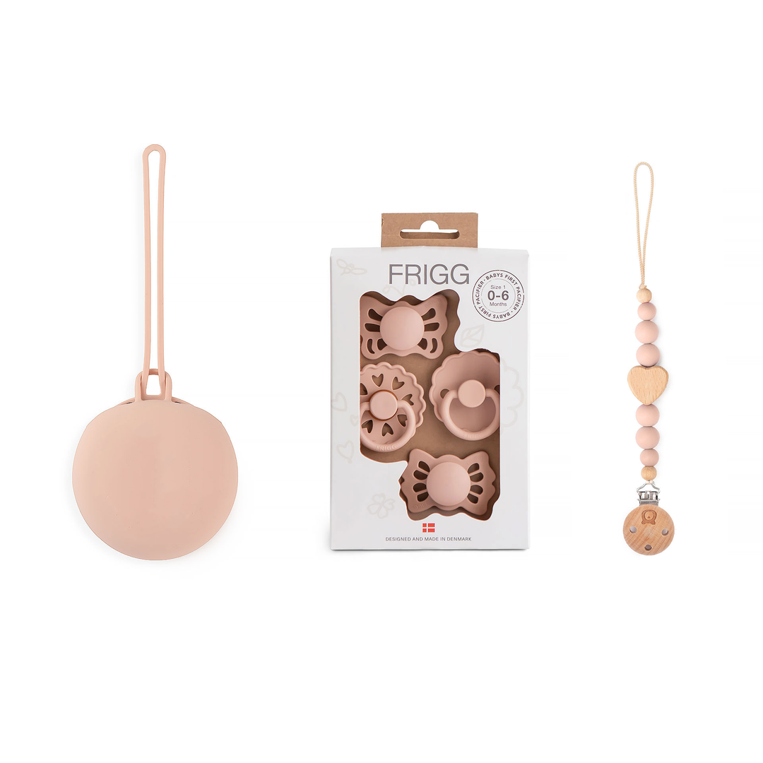 JBØRN X FRIGG Trial Collection Pacifiers & Personalised Holders Set Floral Heart Blush Set - Personalisable Baby Products Sold and Personalised by JustBørn