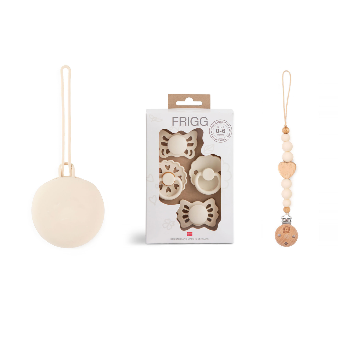 JBØRN X FRIGG Trial Collection Pacifiers & Personalised Holders Set Floral Heart Cream Set - Personalisable Baby Products Sold and Personalised by JustBørn