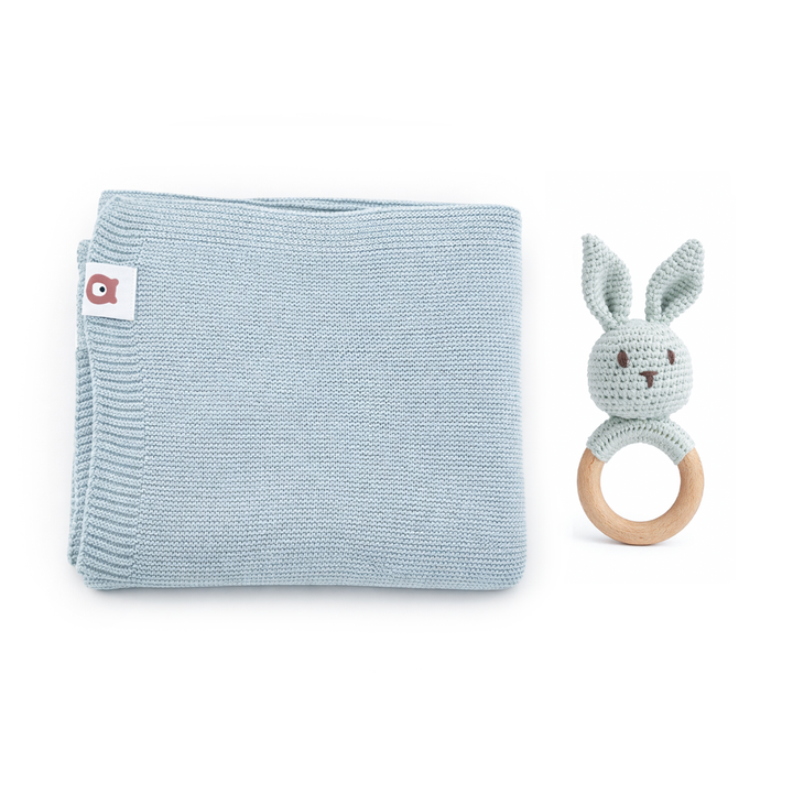 JBØRN Knitted Baby Blanket & Bunny Rattle Set French Grey Knitted Blanket & Rattle Set - Personalisable Baby Products Sold and Personalised by JustBørn