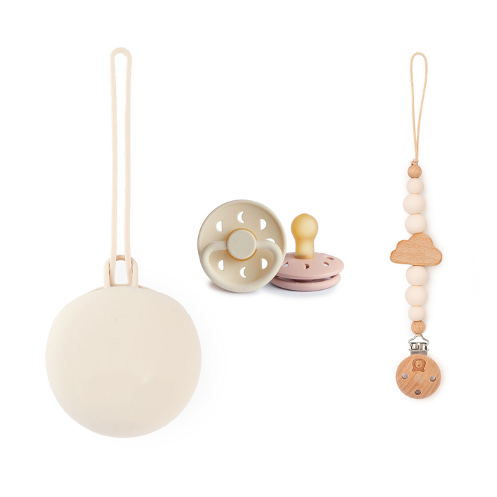 FRIGG Moon Pacifier & Matching JBØRN Clip & Holder Set Frigg Moon Blush Ivory & Matching Holders - Personalisable Baby Products Sold and Personalised by JustBørn