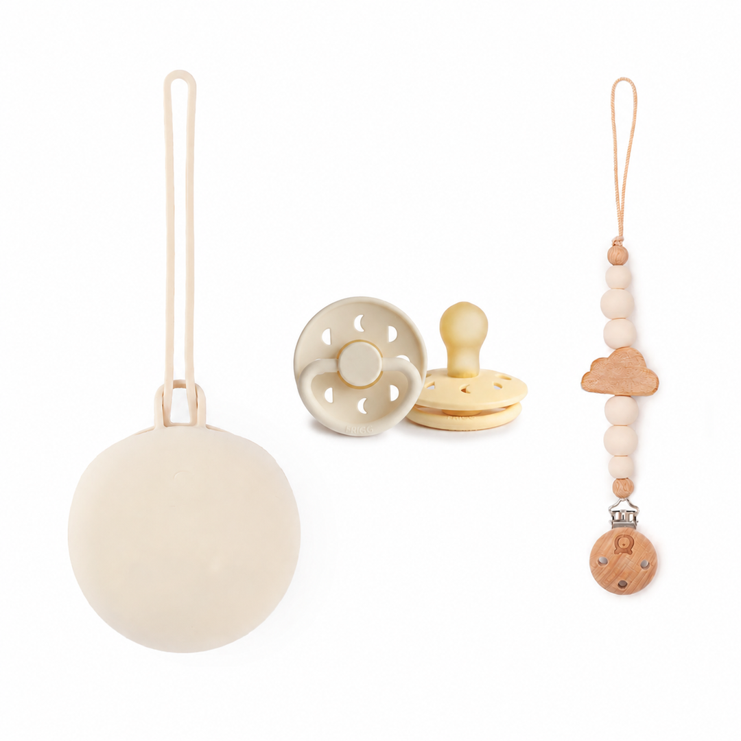 FRIGG Moon Pacifier & Matching JBØRN Clip & Holder Set Frigg Moon Pale Daffodil Ivory & Matching Holders - Personalisable Baby Products Sold and Personalised by JustBørn