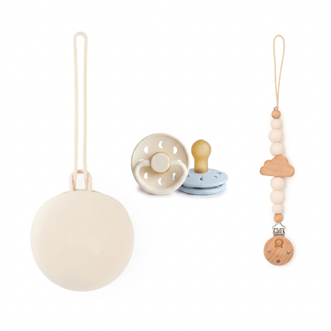 FRIGG Moon Pacifier & Matching JBØRN Clip & Holder Set Frigg Moon Stone Blue Ivory & Matching Holders - Personalisable Baby Products Sold and Personalised by JustBørn