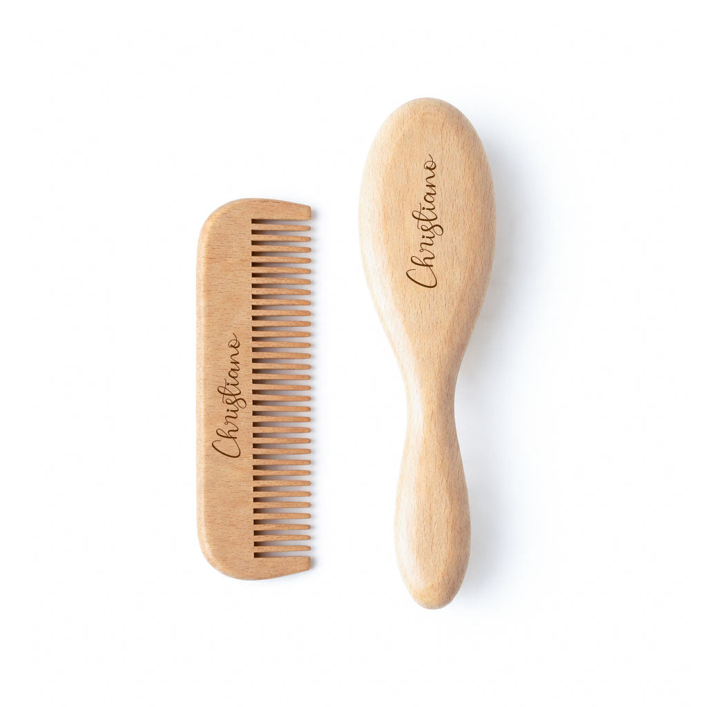 JBØRN Natural Beechwood Hairbrush & Comb Set - Personalisable Baby Products Sold and Personalised by JustBørn
