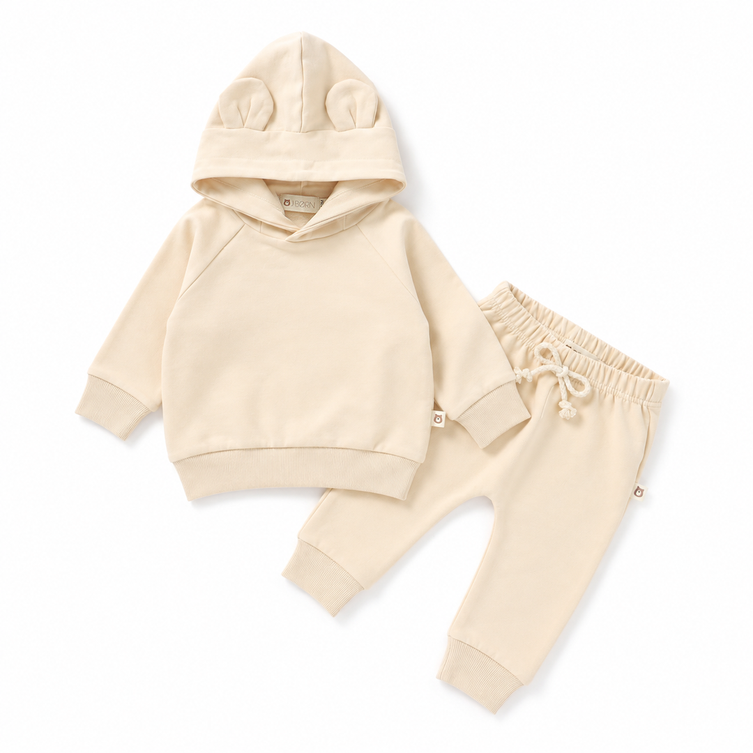 JBØRN Organic Cotton Baby Teddy Ears Hoodie & Joggers Set | Personalisable Hoodie & Jogger Set | Cream - Personalisable Baby Products Sold and Personalised by JustBørn