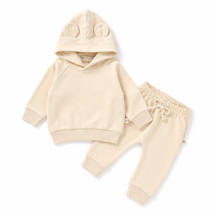 JBØRN Organic Cotton Baby Teddy Ears Hoodie & Joggers Set | Personalisable Hoodie & Jogger Set | Cream - Personalisable Baby Products Sold and Personalised by JustBørn