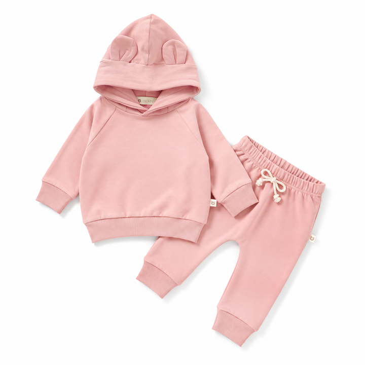 JBØRN Organic Cotton Baby Teddy Ears Hoodie & Joggers Set | Personalisable Hoodie & Jogger Set | Powder Blush - Personalisable Baby Products Sold and Personalised by JustBørn