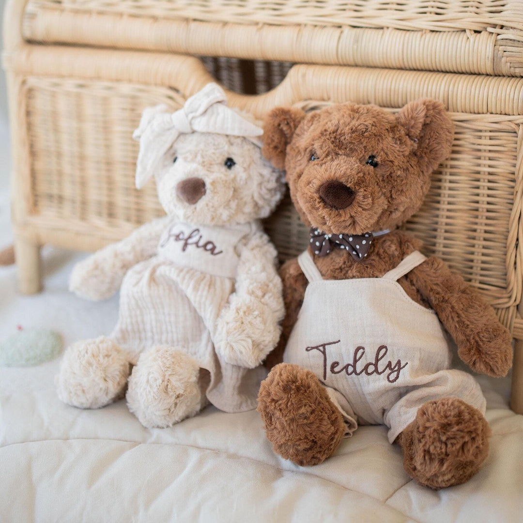 JBØRN Brown Teddy Bear Soft Toy with Personalised Outfit Brown Teddy B in Vanilla Dungarees - Personalisable Baby Products Sold and Personalised by JustBørn