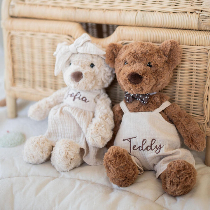 JBØRN Brown Teddy Bear Soft Toy with Personalised Outfit Brown Teddy B in Vanilla Dungarees - Personalisable Baby Products Sold and Personalised by JustBørn