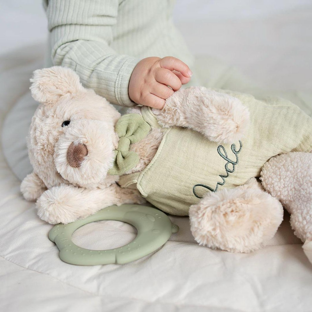 JBØRN Beige Teddy Bear Soft Toy with Personalised Outfit - Personalisable Baby Products Sold and Personalised by JustBørn