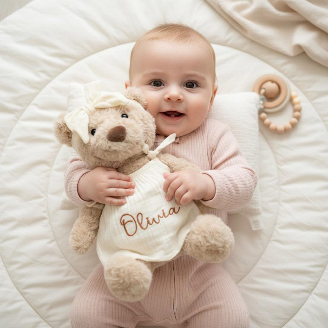 JBØRN Beige Teddy Bear Soft Toy with Personalised Outfit Teddy B in Ivory Tie Dress - Personalisable Baby Products Sold and Personalised by JustBørn