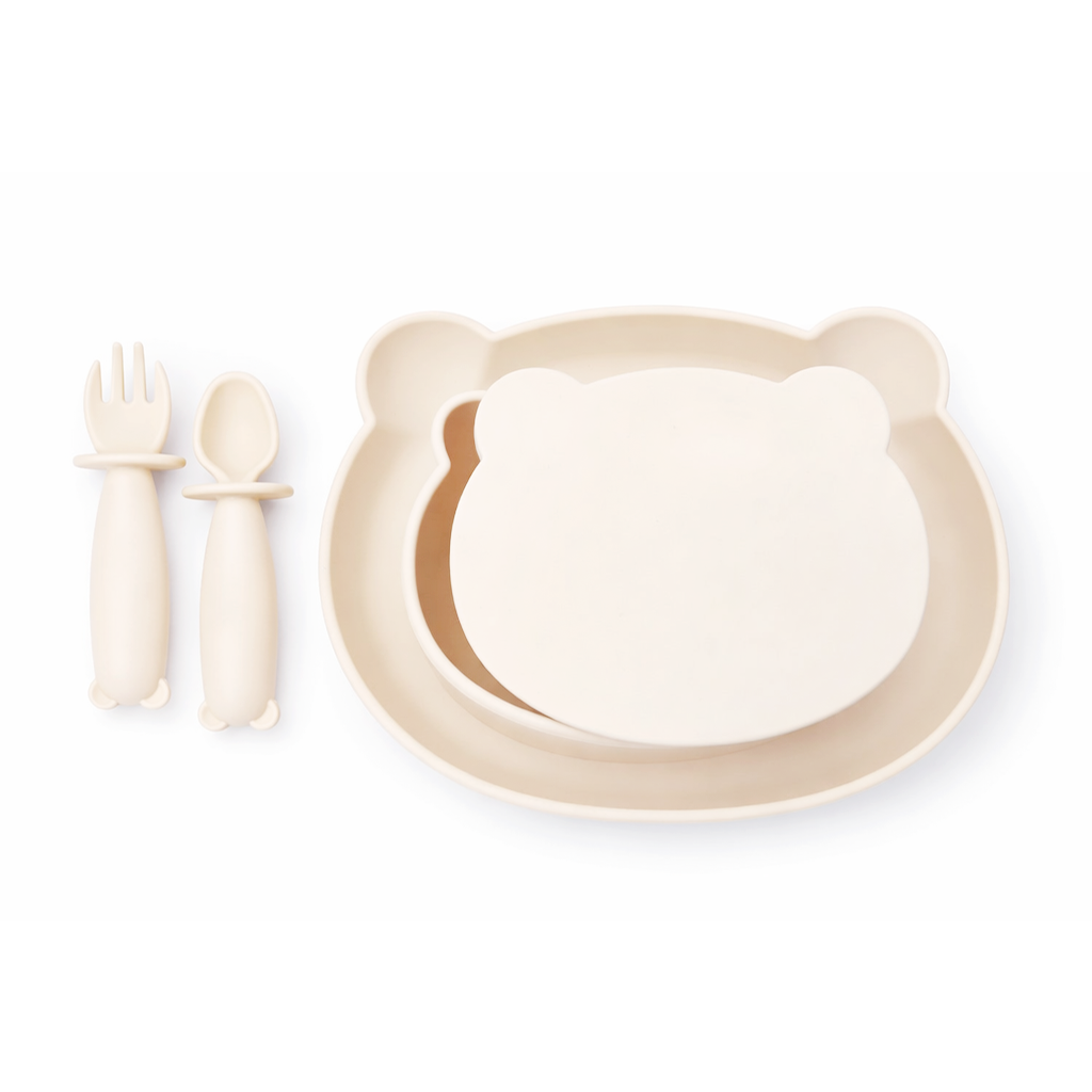 JBØRN 4-Piece Silicone Weaning Set | Suction Bowl with Lid, Plate & Cutlery Ivory 4 Piece Set - Personalisable Baby Products Sold and Personalised by JustBørn
