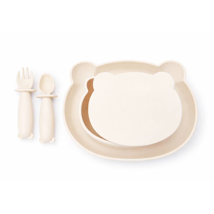 JBØRN 4-Piece Silicone Weaning Set | Suction Bowl with Lid, Plate & Cutlery Ivory 4 Piece Set - Personalisable Baby Products Sold and Personalised by JustBørn