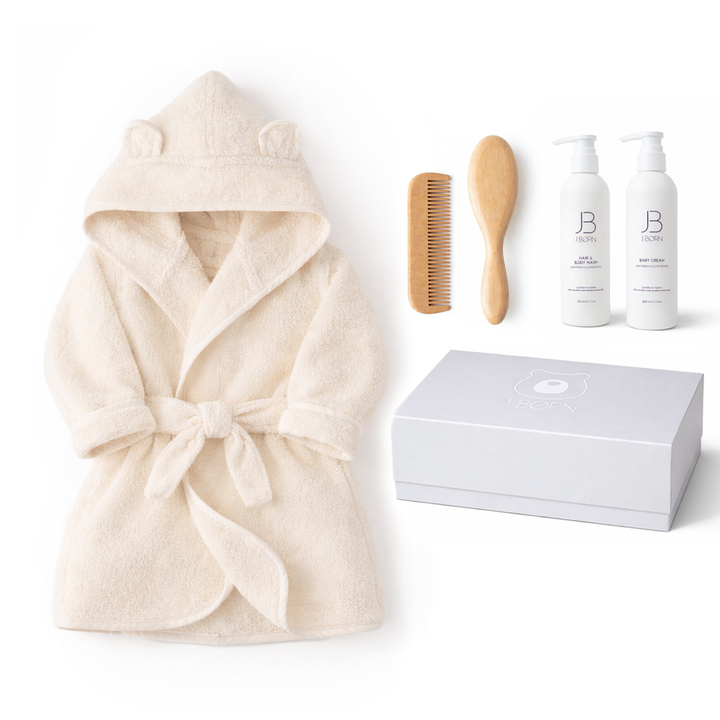 JBØRN Baby Spa Gift Set | Bathrobe, Hairbrush Set & Skincare Ivory Baby Spa Gift Set - Personalisable Baby Products Sold and Personalised by JustBørn