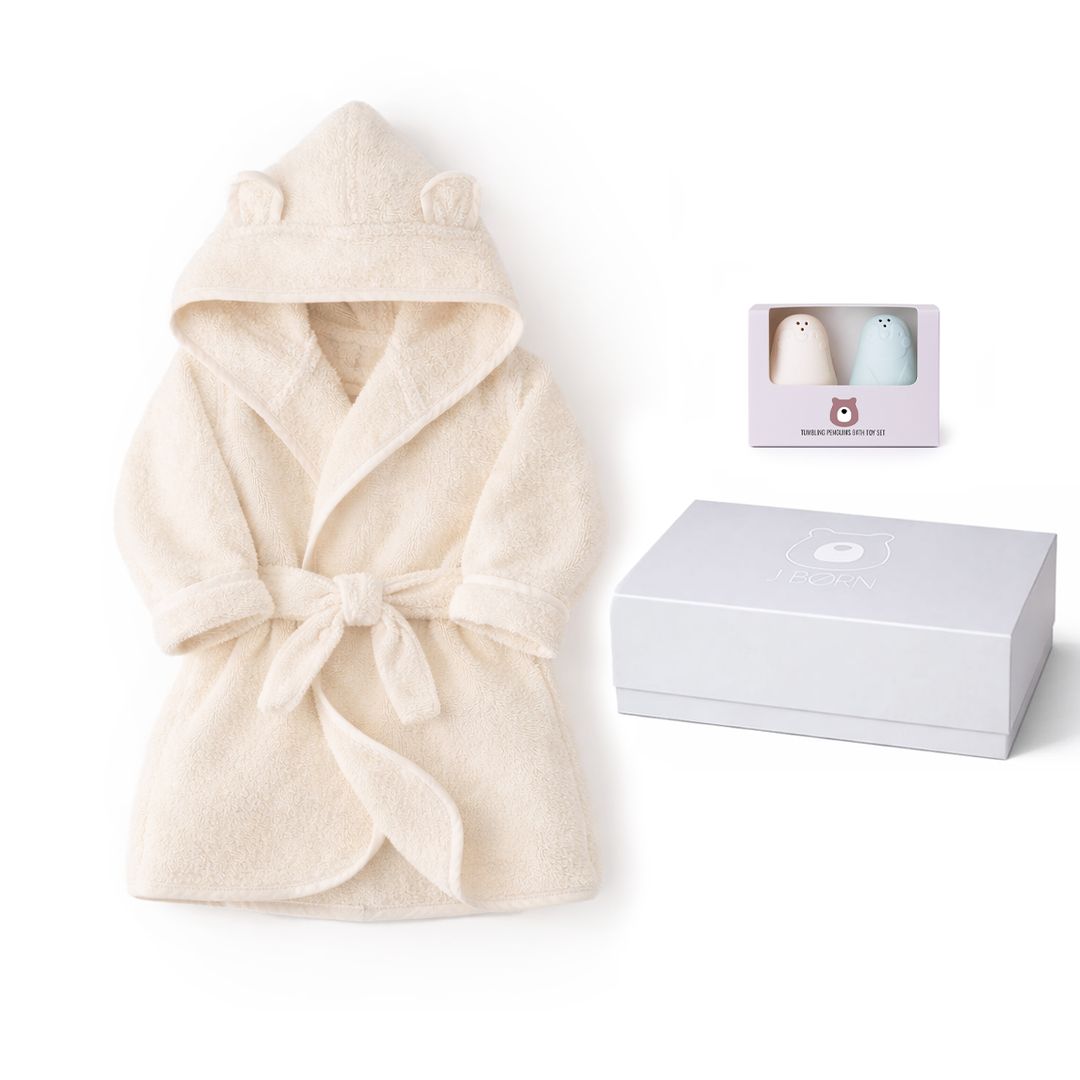 JBØRN Baby Gift Set | Organic Cotton Robe & Bath Toys Ivory Bathrobe & Bath Toys Gift Set - Personalisable Baby Products Sold and Personalised by JustBørn