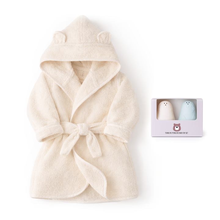 JBØRN Baby Gift Set | Organic Cotton Robe & Bath Toys Ivory Bathrobe & Bath Toys Gift Set - Personalisable Baby Products Sold and Personalised by JustBørn