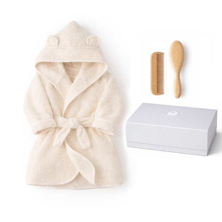JBØRN Baby Gift Set | Organic Cotton Bathrobe & Hair Brush Set Ivory Bathrobe & Hairbrush Gift Set - Personalisable Baby Products Sold and Personalised by JustBørn