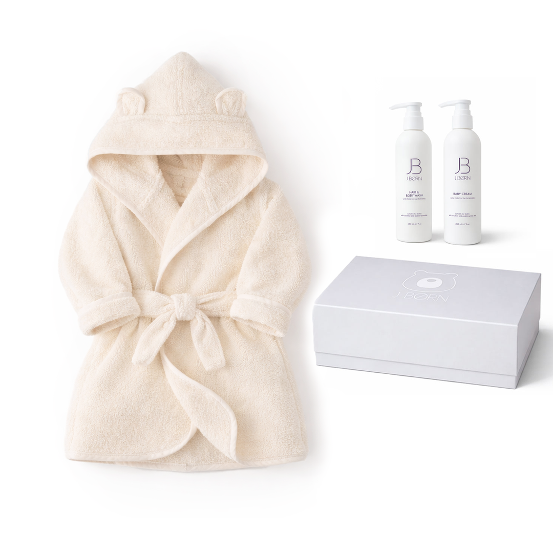 JBØRN Baby Gift Set | JBØRN Bath Robe & Skin Care Ivory Bathrobe & Skincare Gift Set - Personalisable Baby Products Sold and Personalised by JustBørn