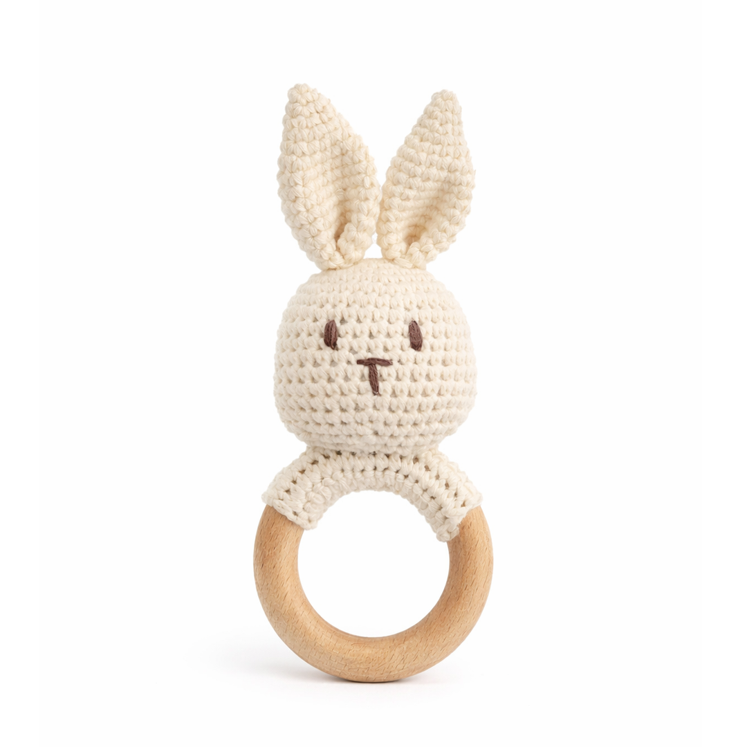 JBØRN Crochet Bunny Baby Rattle Toy Ivory Crochet Bunny - Personalisable Baby Products Sold and Personalised by JustBørn