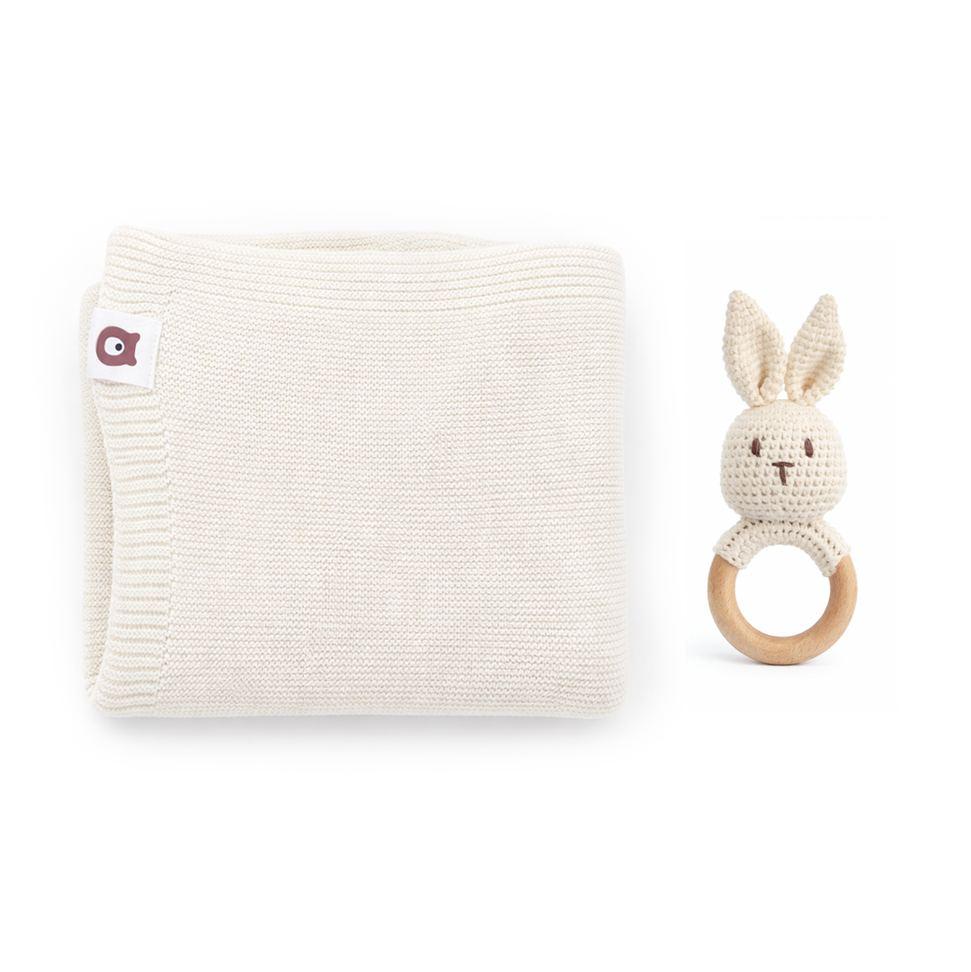 JBØRN Knitted Baby Blanket & Bunny Rattle Set Ivory Knitted Blanket & Rattle Set - Personalisable Baby Products Sold and Personalised by JustBørn