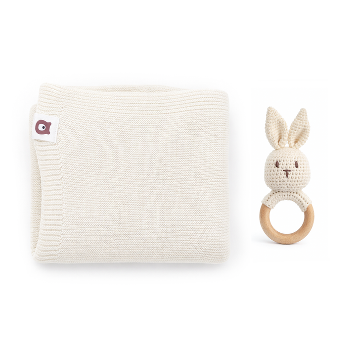 JBØRN Knitted Baby Blanket & Bunny Rattle Set Ivory Knitted Blanket & Rattle Set - Personalisable Baby Products Sold and Personalised by JustBørn