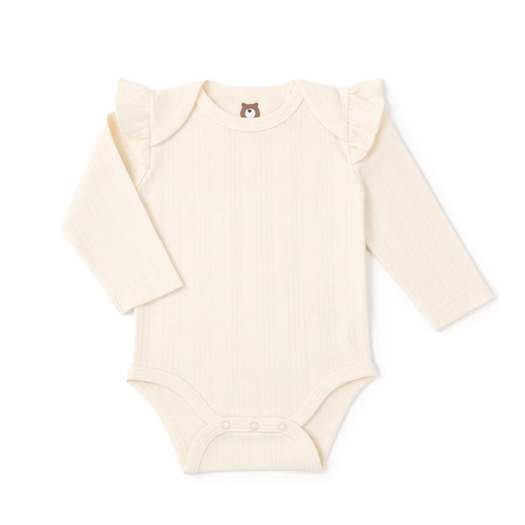 JBØRN Ribbed Bamboo Long Sleeve Bodysuit Ivory | Long Sleeve | Frill - Personalisable Baby Products Sold and Personalised by JustBørn