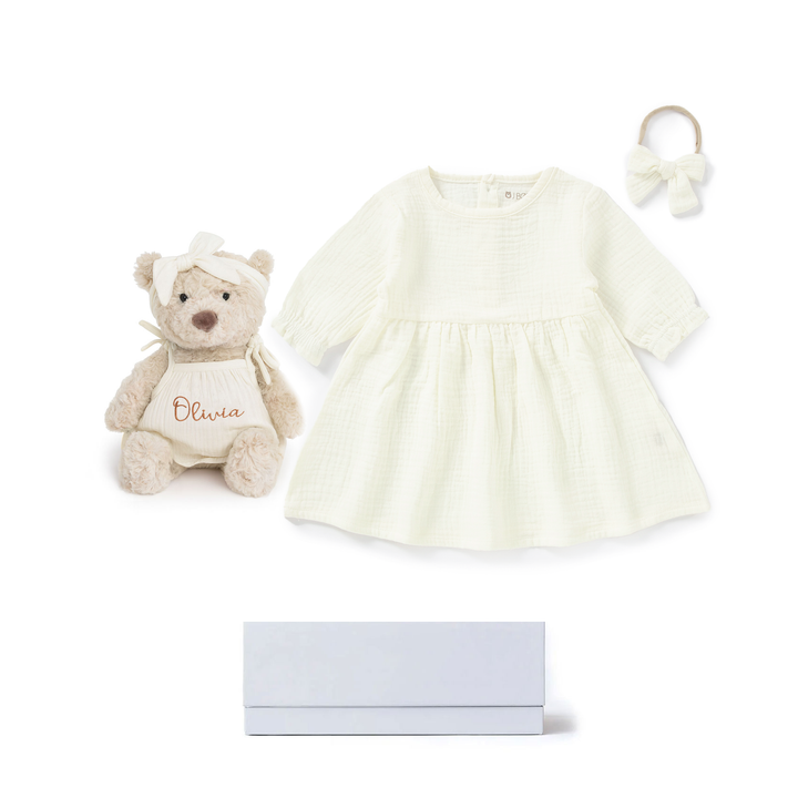 JBØRN New Baby Girl Gift Set | Personalised Teddy & Matching Baby Dress Ivory Muslin Dress Set - Personalisable Baby Products Sold and Personalised by JustBørn
