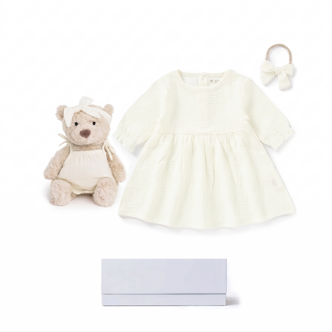 JBØRN New Baby Girl Gift Set | Personalised Teddy & Matching Baby Dress Ivory Muslin Dress Set - Personalisable Baby Products Sold and Personalised by JustBørn
