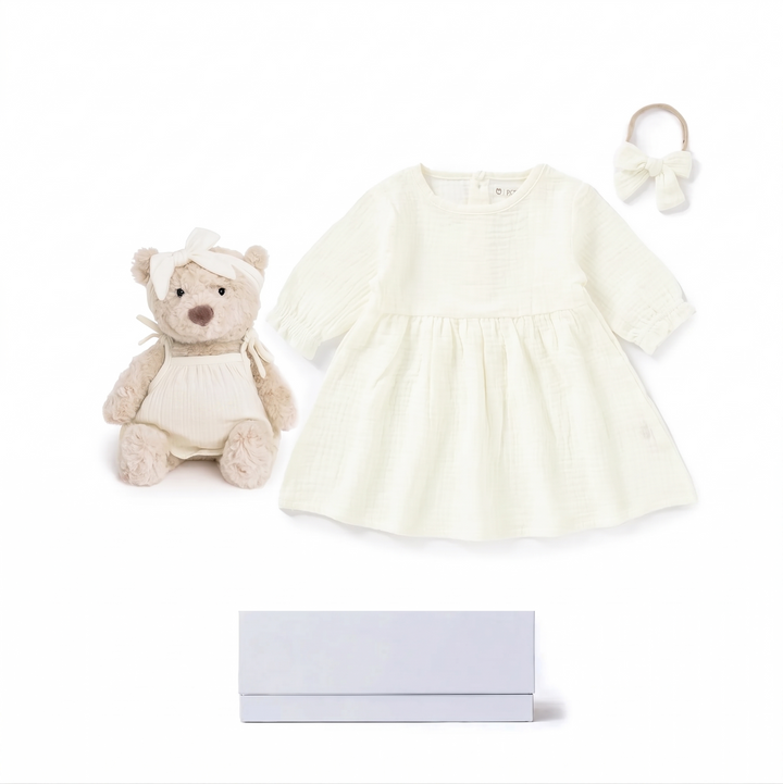 JBØRN New Baby Girl Gift Set | Personalised Teddy & Matching Baby Dress Ivory Muslin Dress Set - Personalisable Baby Products Sold and Personalised by JustBørn