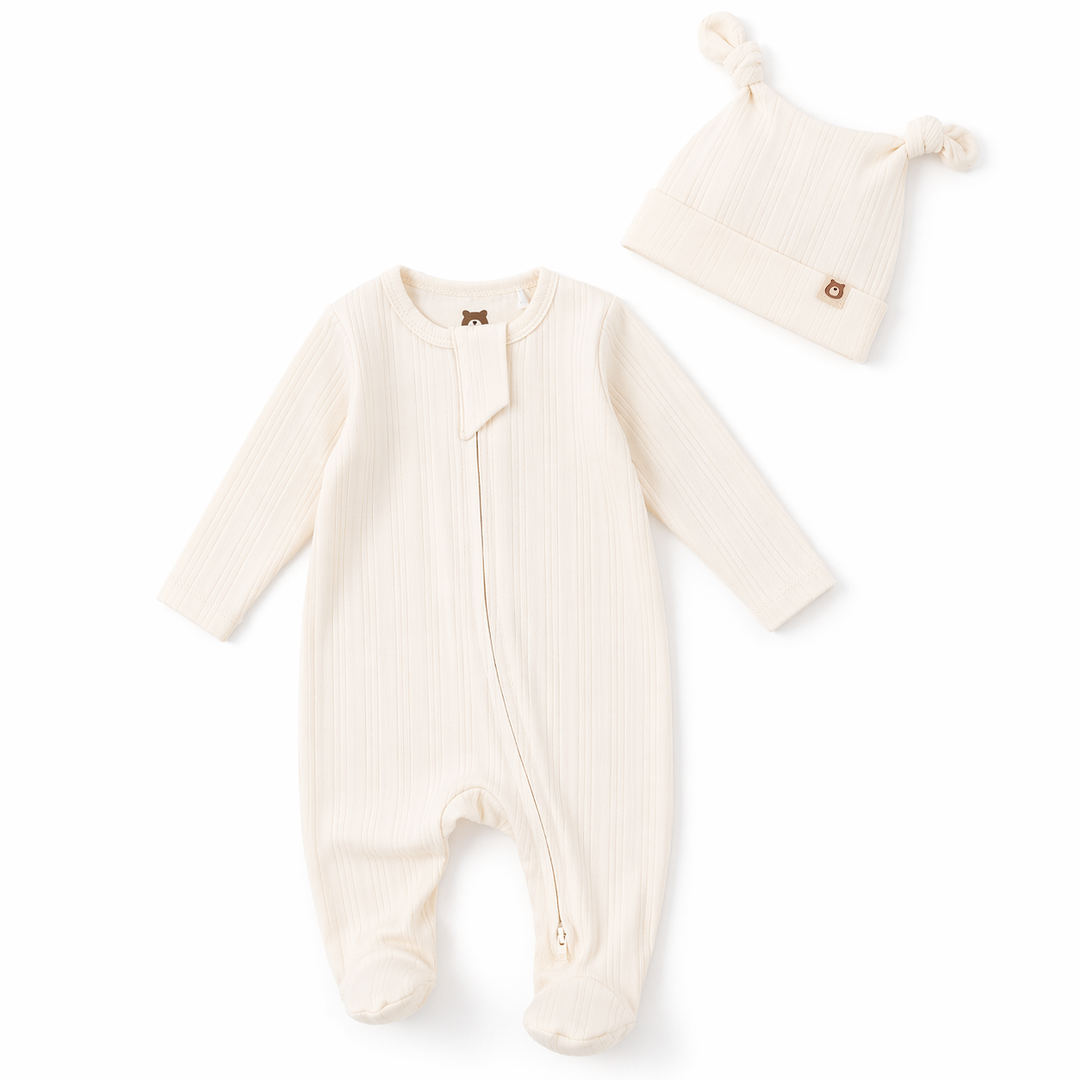 JBØRN Ribbed Bamboo Sleepsuit with Hat | 0–6M Ivory | Sleepsuit & Hat Set - Personalisable Baby Products Sold and Personalised by JustBørn