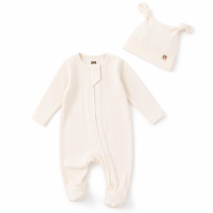 JBØRN Ribbed Bamboo Sleepsuit with Hat | 0–6M Ivory | Sleepsuit & Hat Set - Personalisable Baby Products Sold and Personalised by JustBørn