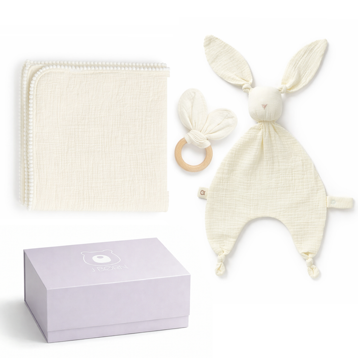JBØRN Baby Gift Set | Organic Cotton Muslin Blanket, Comforter & Teether Set Ivory Swaddle & Comforter Gift Set - Personalisable Baby Products Sold and Personalised by JustBørn