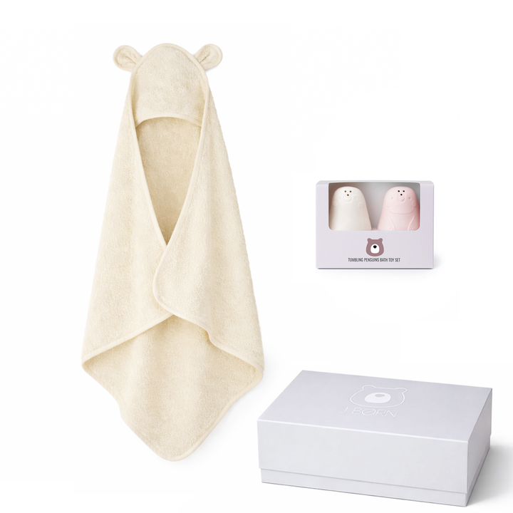 JBØRN Baby Gift Set | Organic Cotton Baby Hooded Towel & Bath Toys Ivory & Blossom Set - Personalisable Baby Products Sold and Personalised by JustBørn